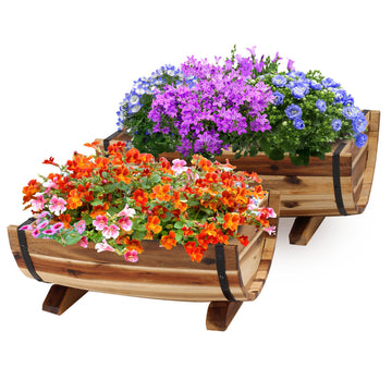 Solid Acacia Wood Half Barrel Planters Outdoor Set of 2 Different Sizes, Wooden Planters for Outdoor Plants with