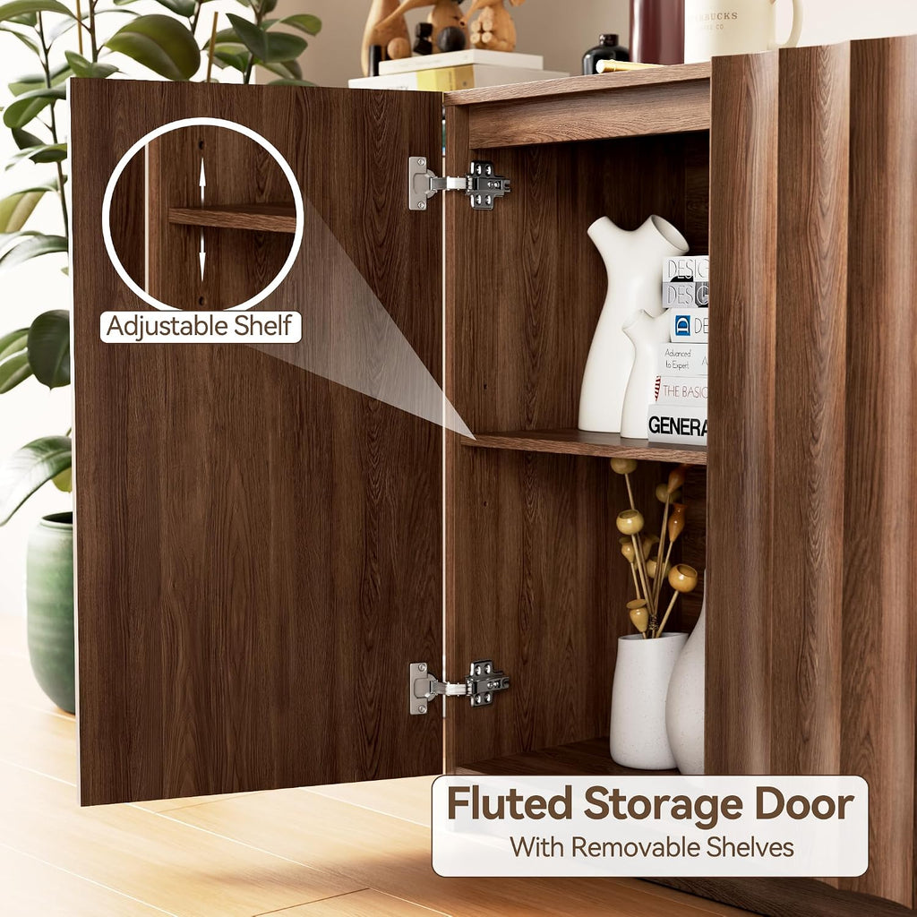 Modern Buffet Cabinet with Storage, 63" Wide Fluted Arched Sideboard Cabinet with Adjustable Shelves, Wooden Modular