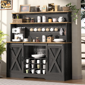 55'' Farmhouse Coffee Bar Cabinet with 3 Tier Storage Hutch, Coffee Bar Station with Sliding Barn Door, Hutch Storage