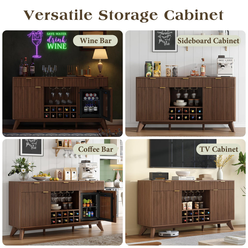 60" Wine Bar Cabinet, Coffee Bar Cabinet with Fridge Included, Walnut