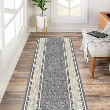 Custom Size Grey Ivory Bordered Rubber Backed Non-Slip Hallway Stair Runner Rug Carpet 31 inch Wide Choose Your