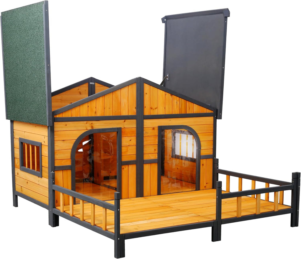 Double Dog House for 2 Dogs, Weatherproof Outdoor Wooden Dog House