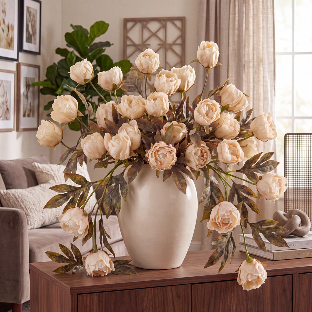 8 Pcs 27.5'' Artificial Peony Long Stem Flowers Bulk, Champagne