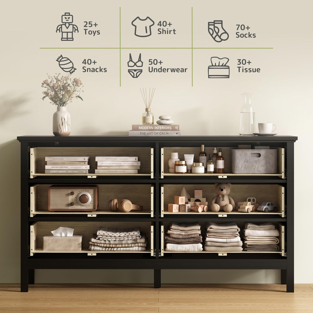 6 Drawer Black Dresser with Gold Handles, 55" Modern Dressers