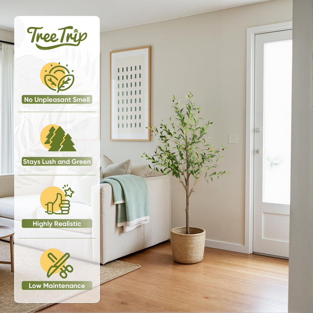 2-Pack 5 FT Olive Tree Artificial Indoor, Faux Olive Trees with Planter, Fake Tall Plants with Natural Trunk and