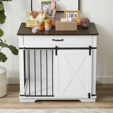 37.8'' Dog Crate Furniture with Storage Drawer, Decorative Wooden Dog Kennel with Sliding Barn Door, Indoor Water