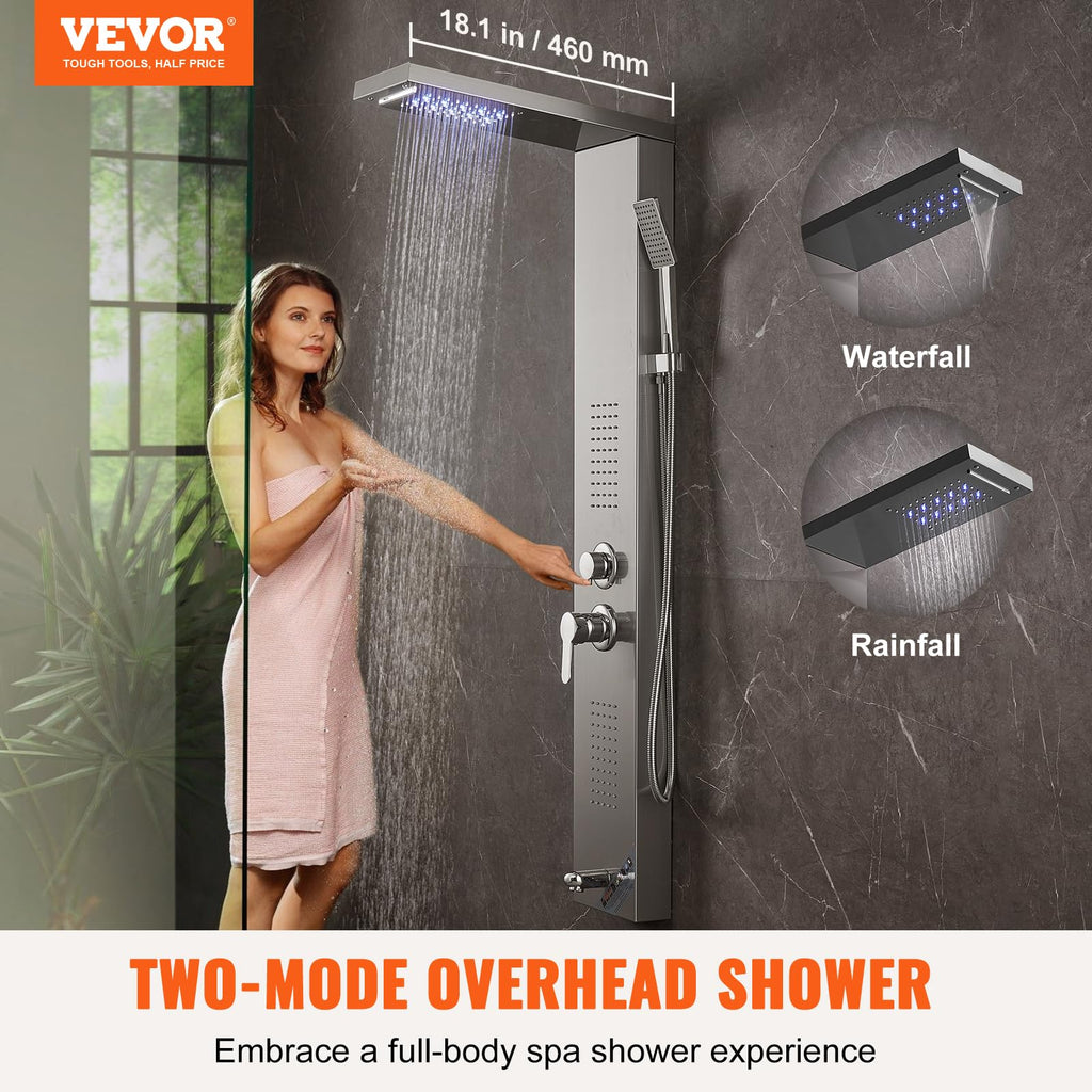 Shower Panel System, 5 Shower Modes, LED Shower Panel Tower, Rainfall, Waterfall, 2 Body Massage Jets, Tub Spout