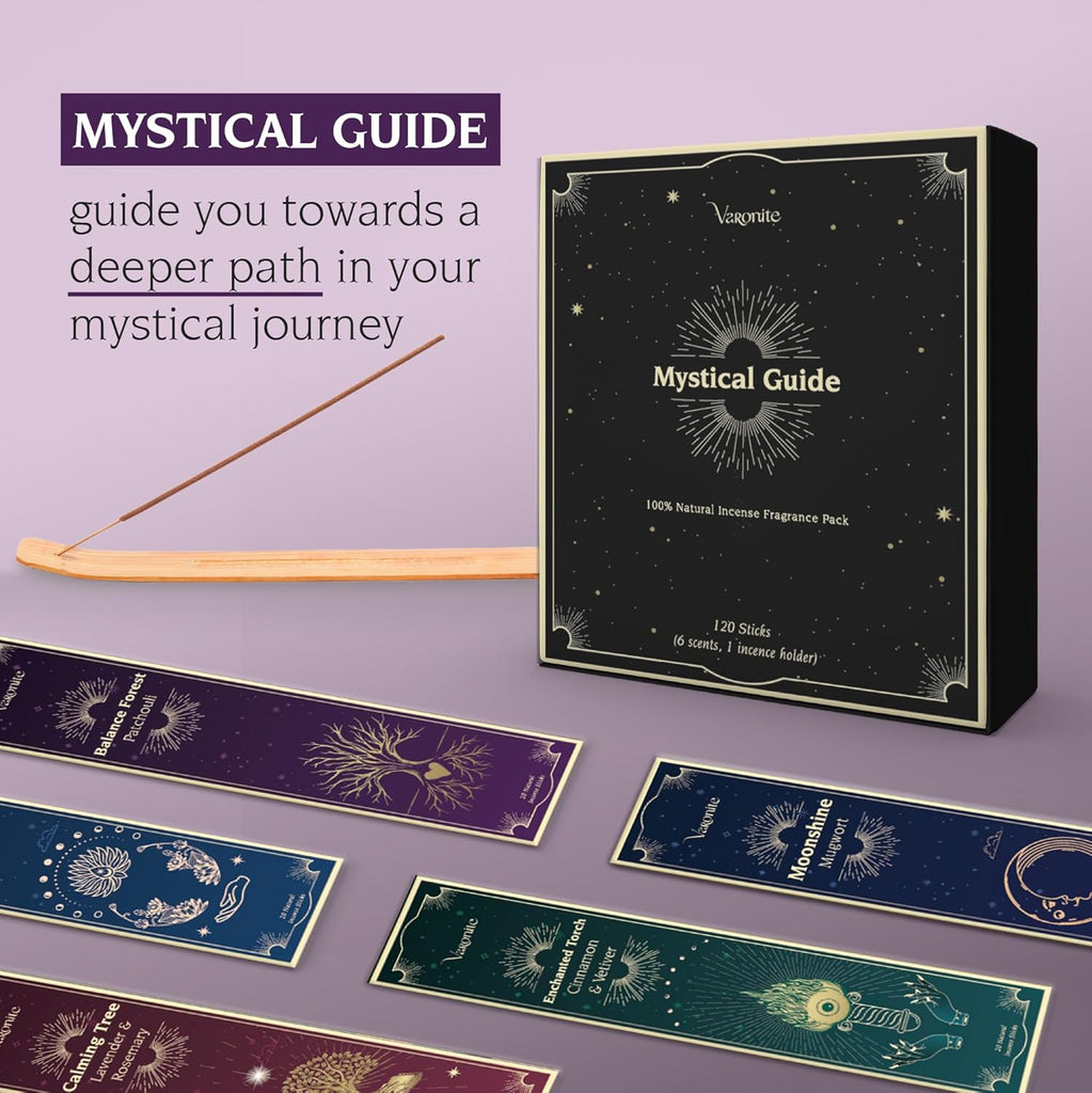 Mystical Guide Incense Sticks Variety (120 Insence-Sticks) with Holder: Patchouli, Lavender, Sandalwood - Set of 6