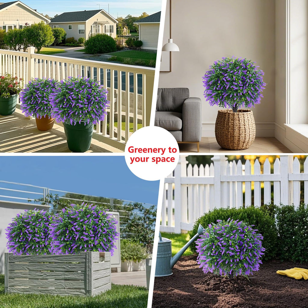 Lavender Topiary Ball Trees with Ground Spike, 2 Pack 16 Inches UV Resistant Artificial Shrubs, Fake Evergreen
