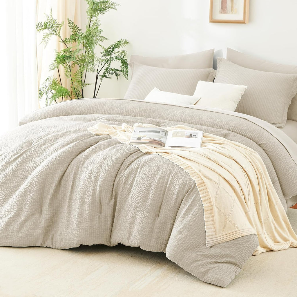 Queen Comforter Set Beige - 7 Pieces Striped Seersucker Bed in a Bag