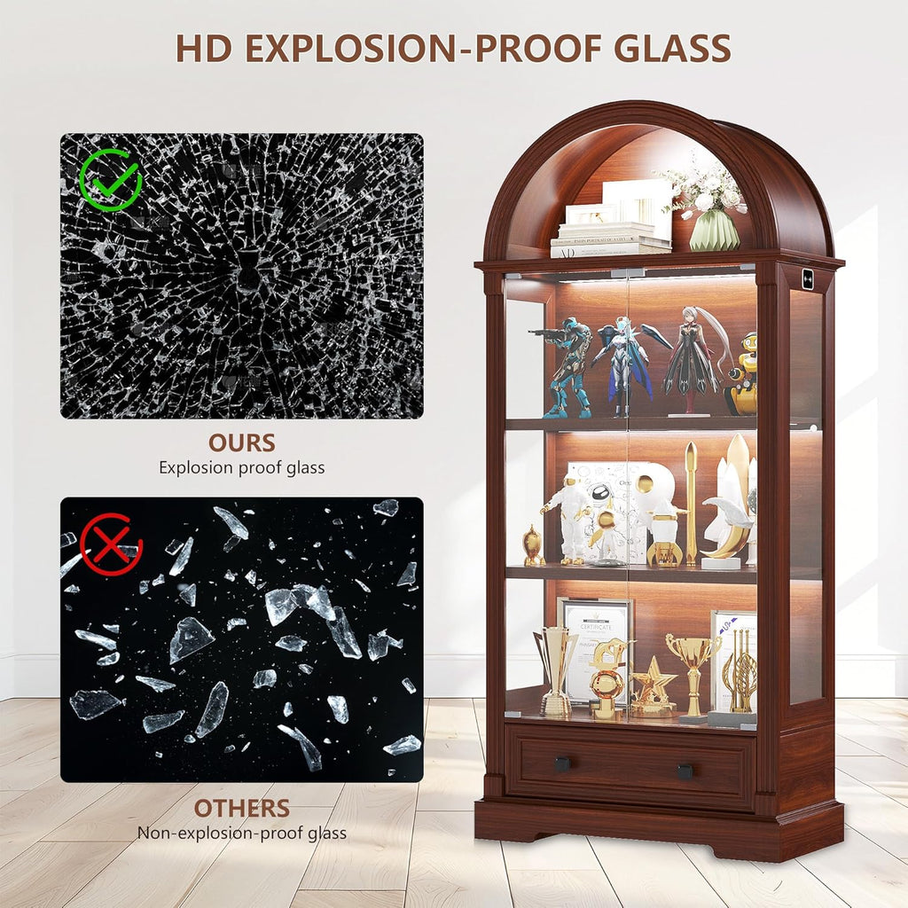 Curio Cabinet with Glass Doors & LED Lights | 72" Tall, Arched Display Cabinet, Human Sensor Lights, 4-Tier Large
