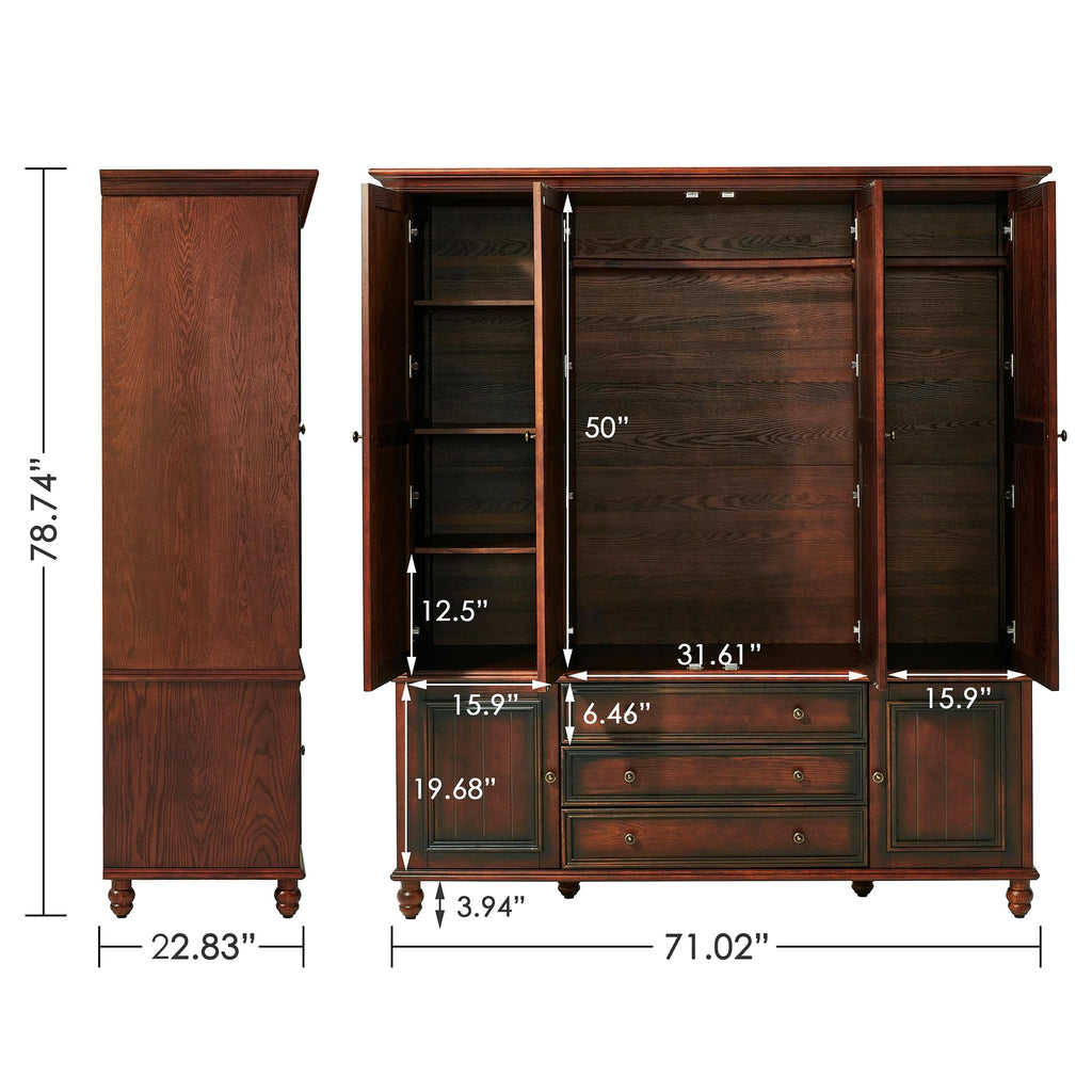 Solid Wood 4 Door Wardrobe Armoire,Vintage Cherry Finish
