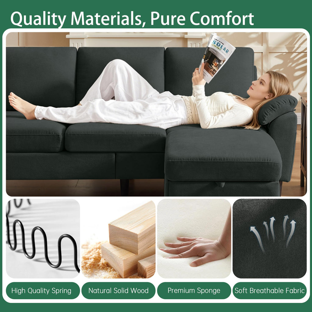 80" L Shaped Couch with Storage Ottoman, Convertible Sectional Couch Set, Modern Linen 3-Seat Sofa with Chaise & Side