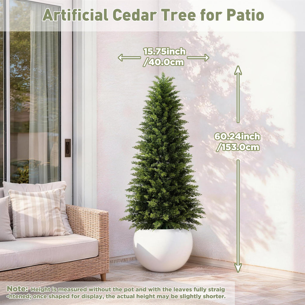 5ft Artificial Cedar Topiary Tree, Set of 1 Realistic Faux Evergreen Shrub Plant in Planter, Indoor Outdoor Fake