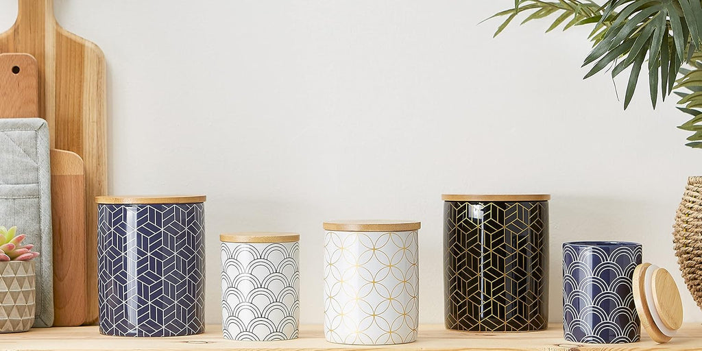 Kitchen Ceramics Collection, Canister Set, Mixed Print, White/Black - Set of 3
