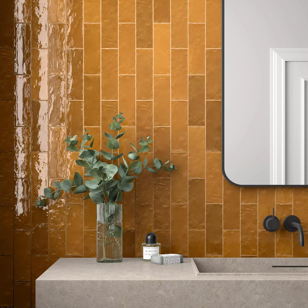 2.5x8 Mustard Glossy Handmade Look Ceramic Wall Tile - Spanish Zellige Style Subway Tile Backsplash, Bathroom, and