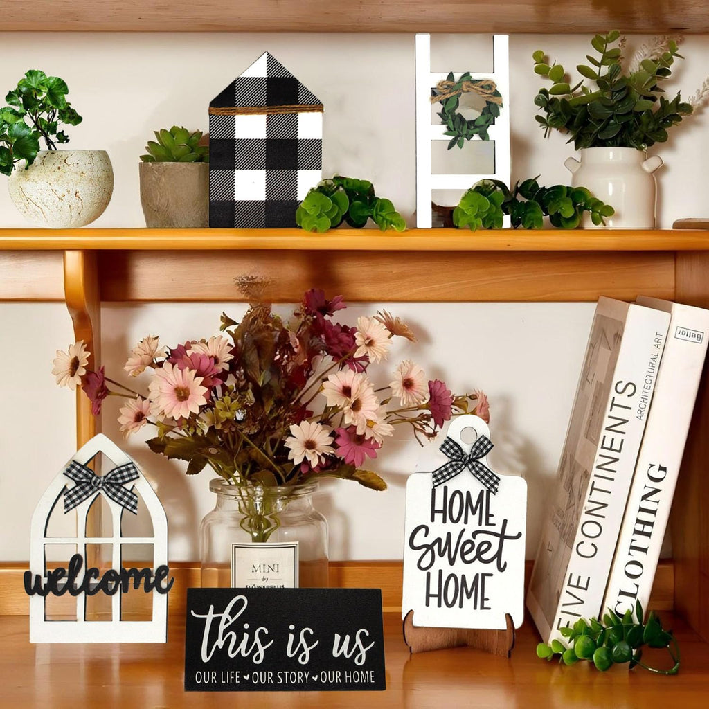 Farmhouse Tiered Tray Decor Set-Rustic Wooden Mini Signs and Decorations and Kitchen Display (Tiered Tray Not - Set of 11