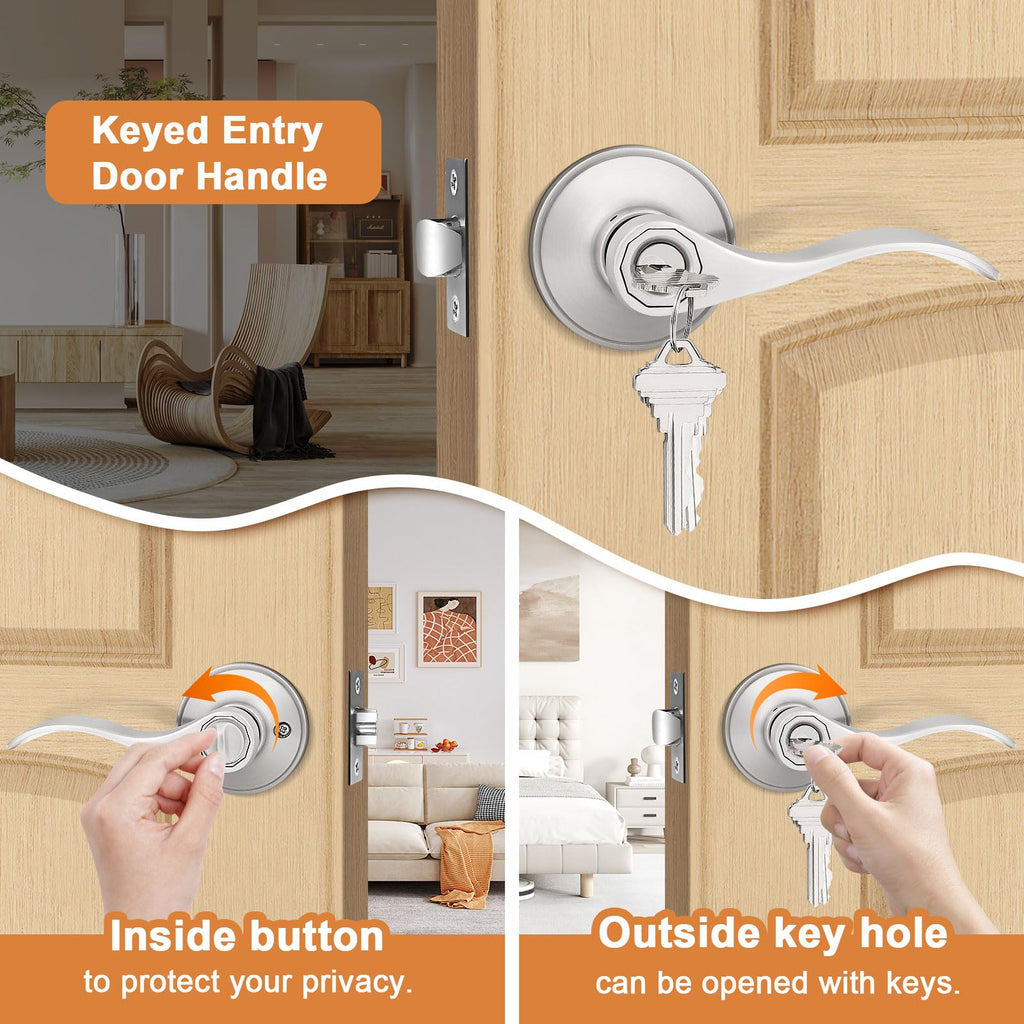 10 Pack Keyed Alike Entry Levers, Wave Style Satin Nickel Entry Locksets, Exterior Interior Door Levers with Lock and