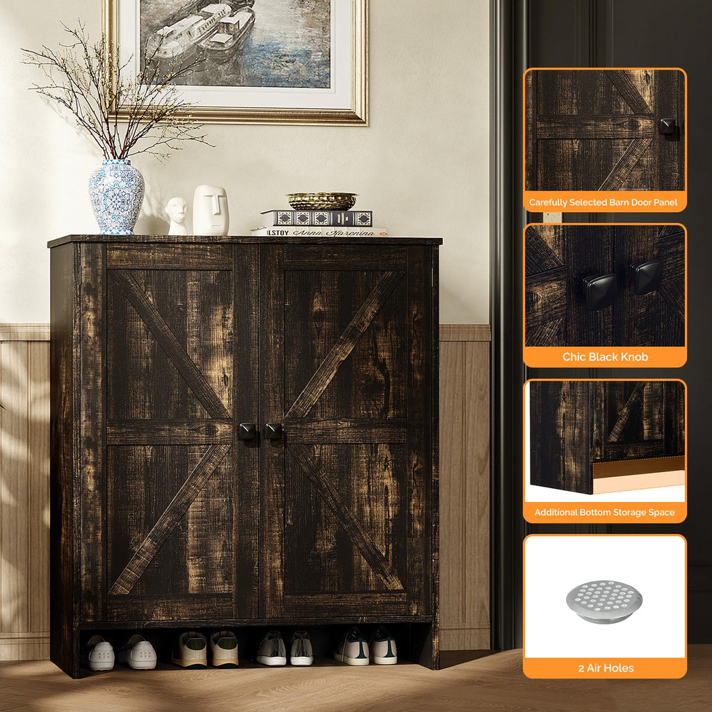 Shoe Cabinet with Doors, 5 Tier Dark Rustic Oak Wooden Shoe Storage Cabinet with Double Barn Doors, Adjustable