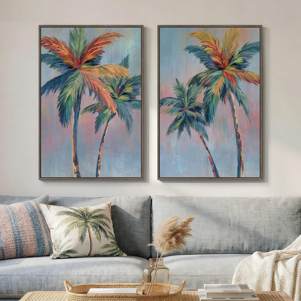 Large Framed Coastal Colorful Palm Tree Wall Art - Set of 2