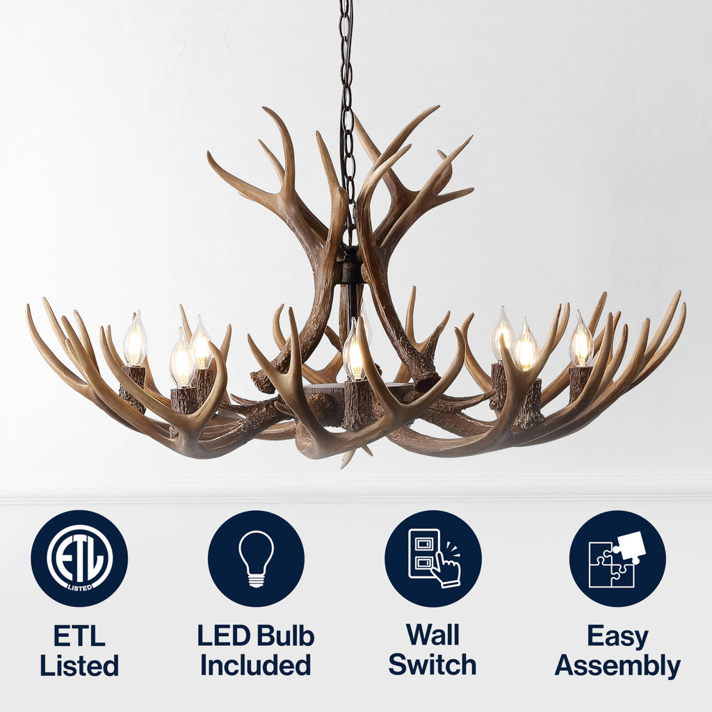 Rustic Faux Antler Chandelier - 8-Light Brown Resin Antler Chandelier for Cabin & Lodge, 36" Wide