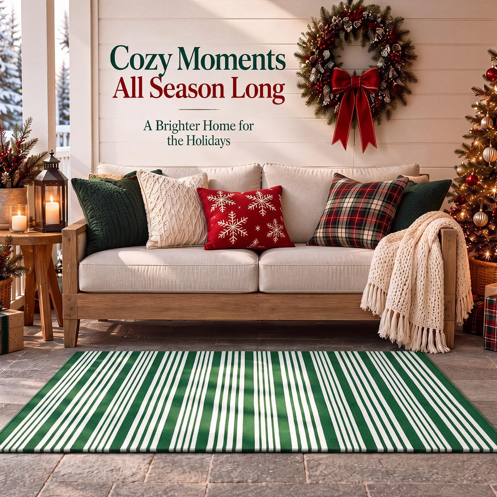 Green and White Striped Rug 2.3' x 3.6' Modern Farmhouse Area Rug Front Porch Door Mat Welcome Layered Doormat for