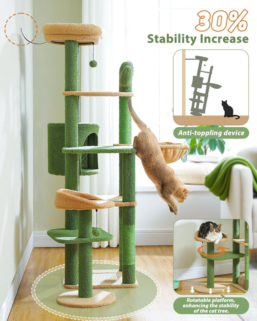 59" Cactus Cat Tree, Large Cat Tree for Indoor Cats, Cat Tower for Large Cats, Multi-Level Tower, Condo with Hammock