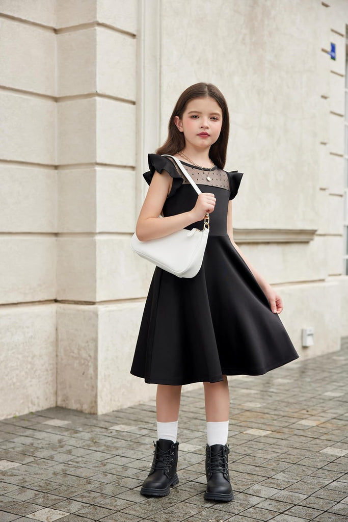Girls Dresses Summer Formal Party Wedding Ruffle Sleeve Mesh Knee Length A Line Dress with Pockets