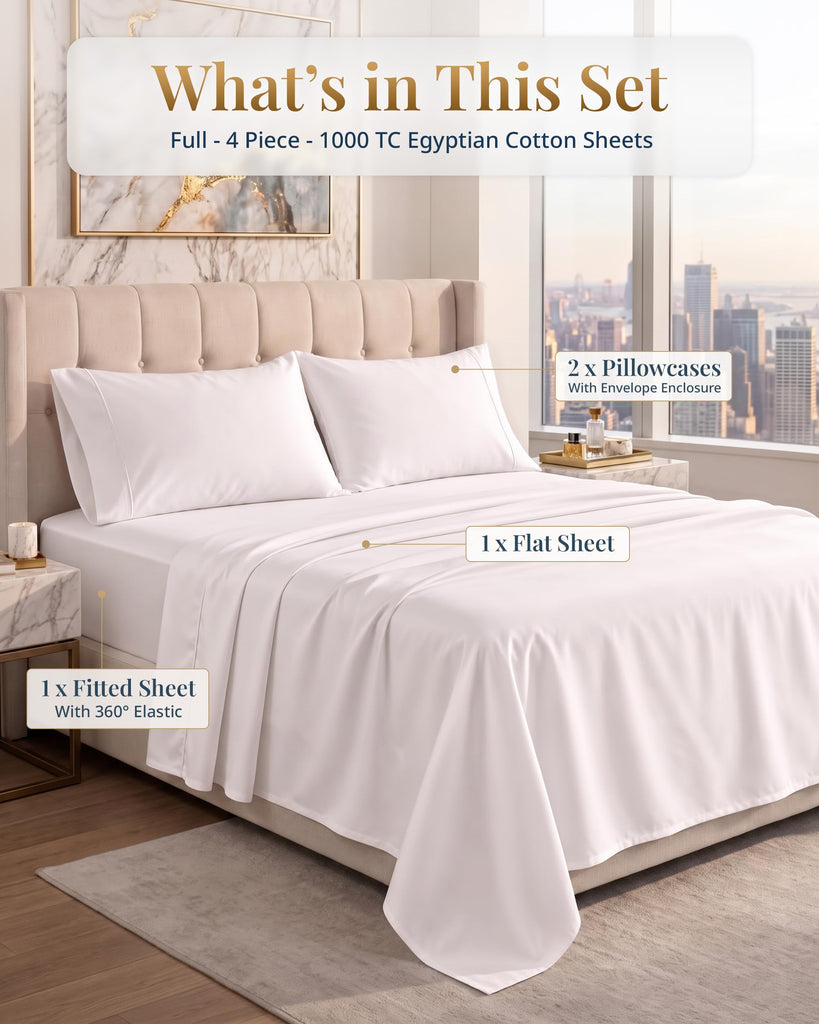 Full Size Sheets 1000 Thread Count 100% Egyptian Cotton - White