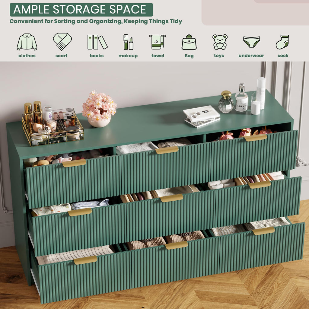 9 Drawers Dresser - Modern Fluted Double Chest of Drawers, Green