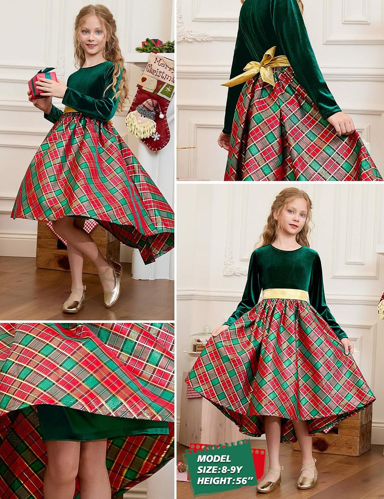 Christmas Dress Velvet Long Sleeve Holiday Dress Winter Party Classic Plaid Midi Princess Dress