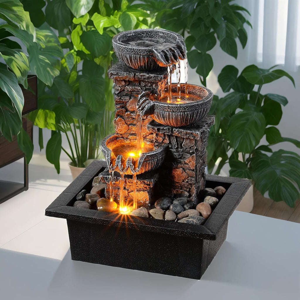 Tabletop Fountain 3 Bowls with LED Light Soothing Water Flowing Sound Fountain Zen/Meditation Decor Home Décor