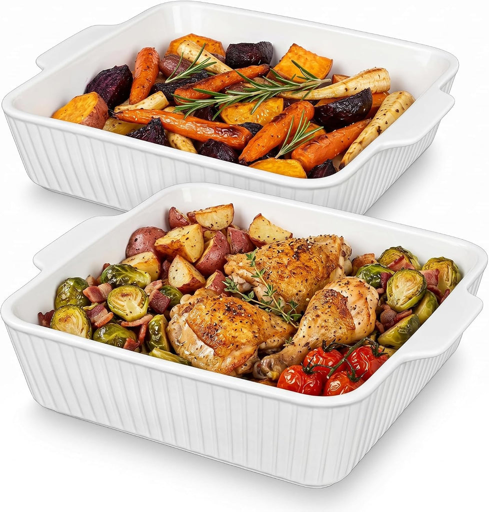 10" Square Ceramic Casserole Dish Set of 2-2.6 Qt Deep Dishes with Handles for Oven, Lasagna Pan for Casseroles Cake