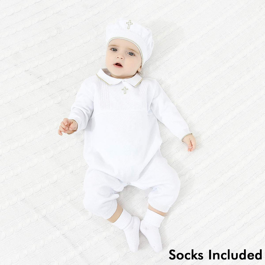 Baby Boy Baptism Outfit with Hat Christening Outfit-Cross Detail - Pure White