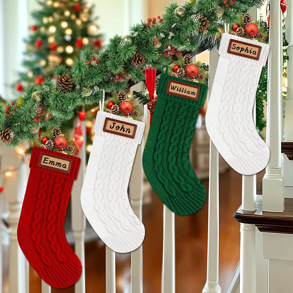 Knitted: 18'' Large Knit Family Name with Leather Patches White Red Green Bulk Xmas Stocking Hanging - Set of 4