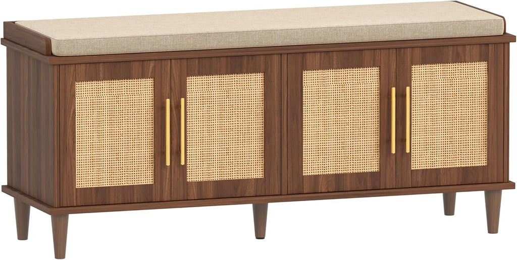 Rattan Shoe Storage Bench with Cushion, 2-Tier Entryway Bench with Adjustable Shelves and 4 Doors, 15" D x 47.2" W x