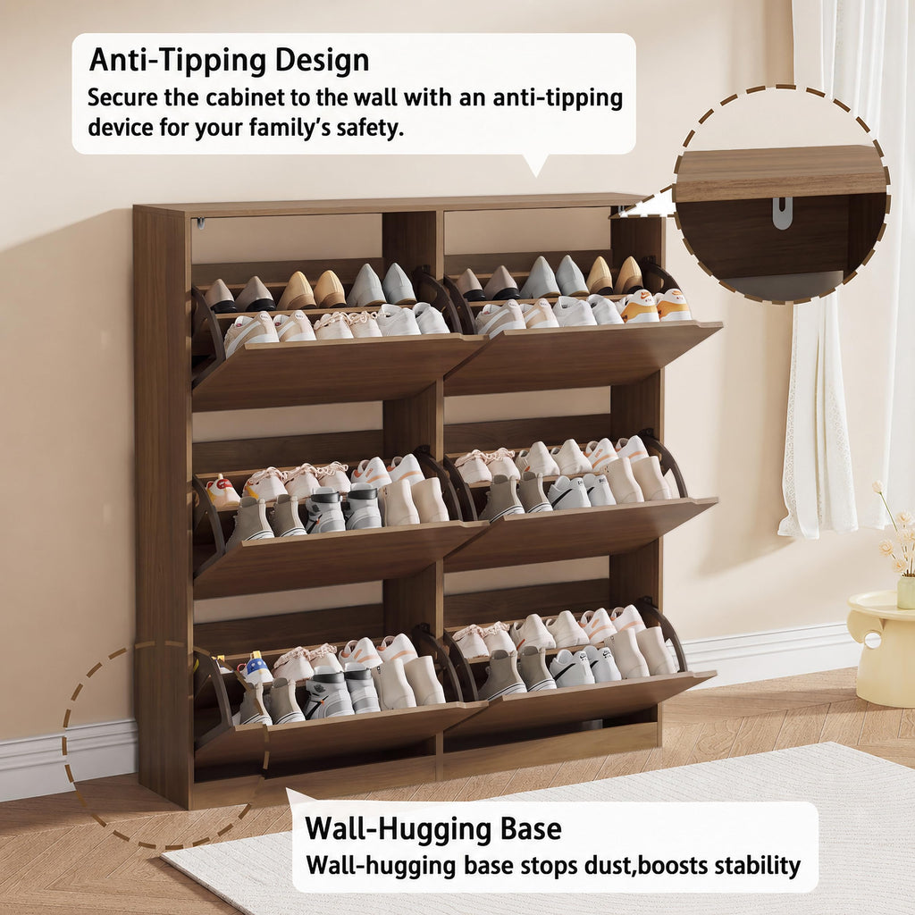 Walnut Hidden Shoe Storage Cabinet with 6 Flip Drawers
