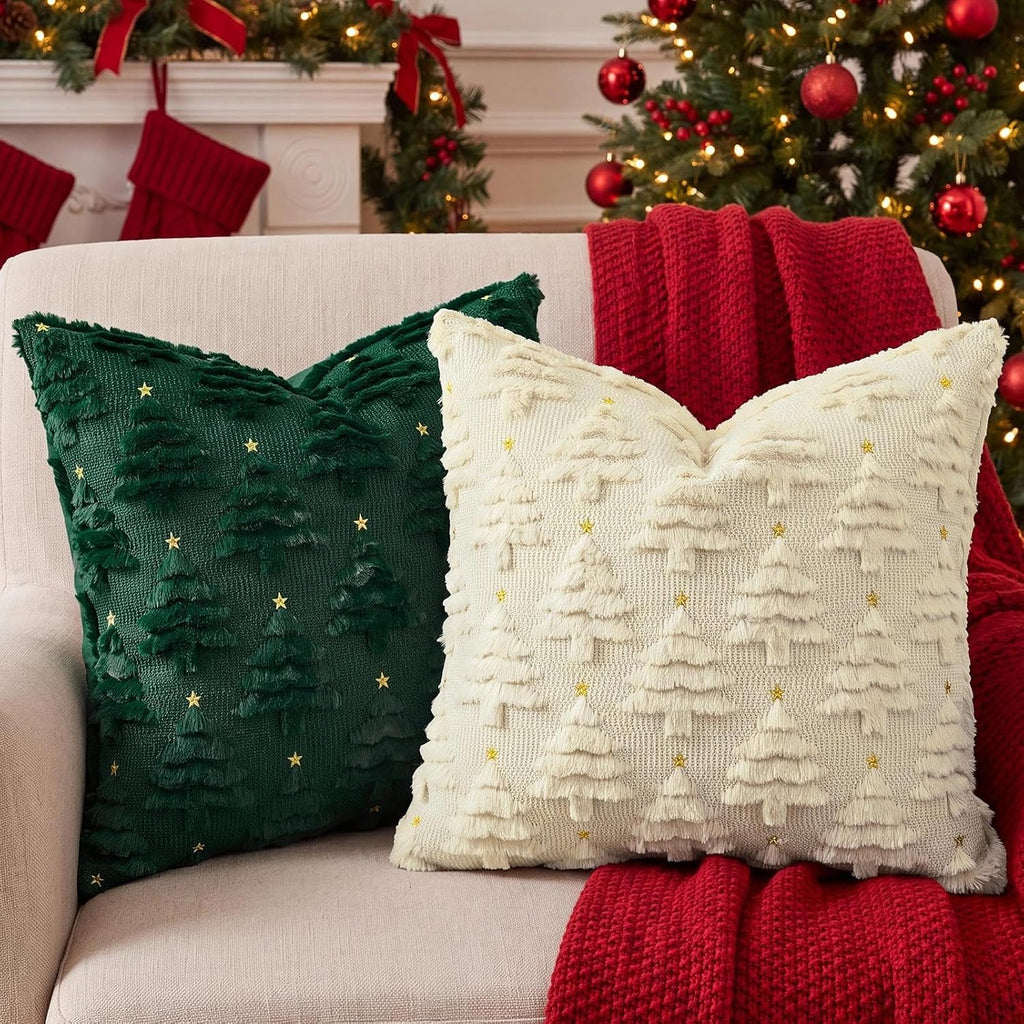 Christmas Pillow Covers 18x18, Green Xmas Tree Decor - Set of 2