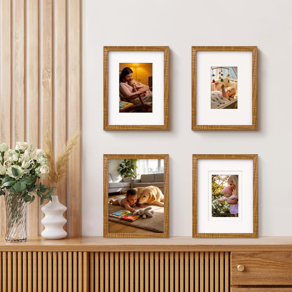 9x12 Picture Frames 4PCS Covered by Plexiglass, Solid Wood Frames for Pictures 5x7/6x8 with Mat or 9x12 without Mat