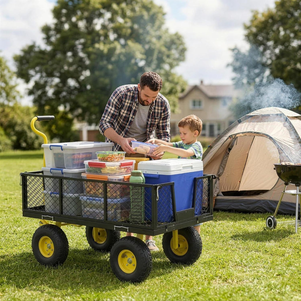 Heavy Duty 800 LBS Steel Garden Cart Wagon, Pullable Wheeled Metal Yard Utility Cart with Yellow Towing Handle