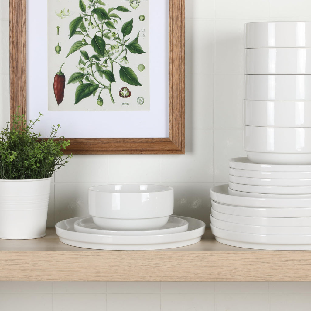 Rothernberg 18-Piece Stackable Porcelain Dinnerware Set, Service for 6 - White Plates and Bowls, Microwave &