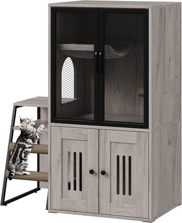 Double Cat Litter Box Enclosure Furniture with Doors - Hidden Storage, Ladder, Hammock, Metal Mesh - Multifunctional
