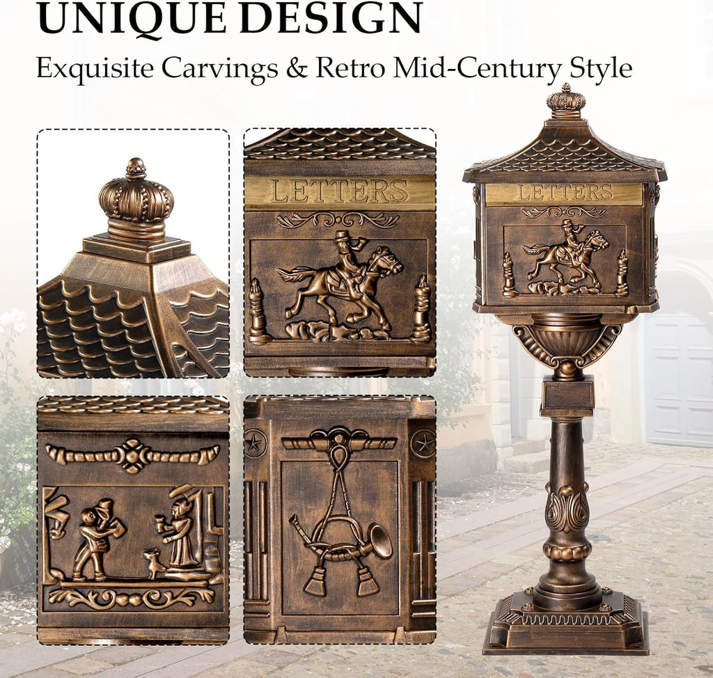 Cast Aluminum Mailbox, Locking Residential Mailboxes with Keys, Rust-Proof Large Security Postal Mailbox (Bronze)