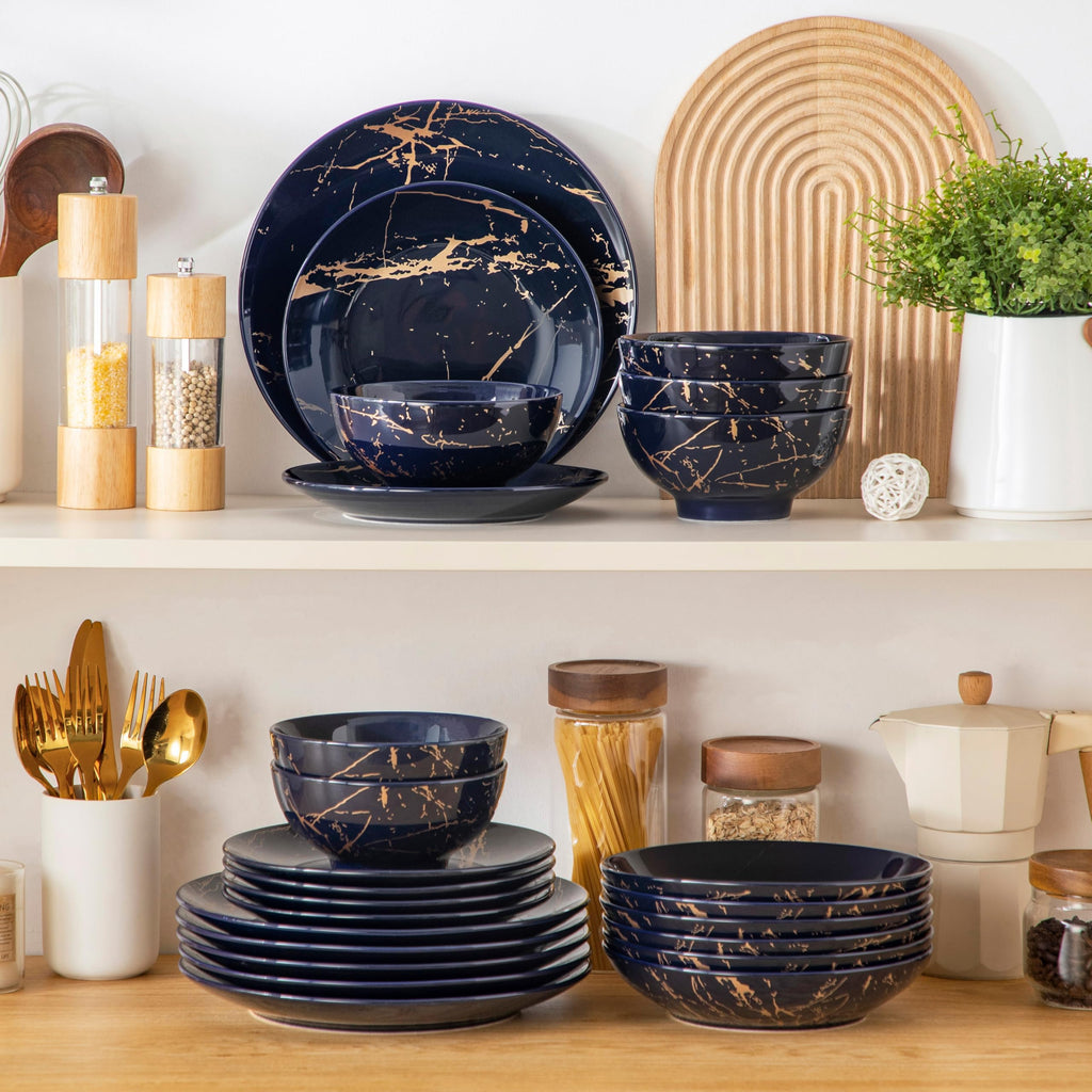Plates and Bowls Sets for 6, 24 Pieces Porcelain Dinnerware Sets, Dark Blue and Gold Dish Set Gold Splash Dishware