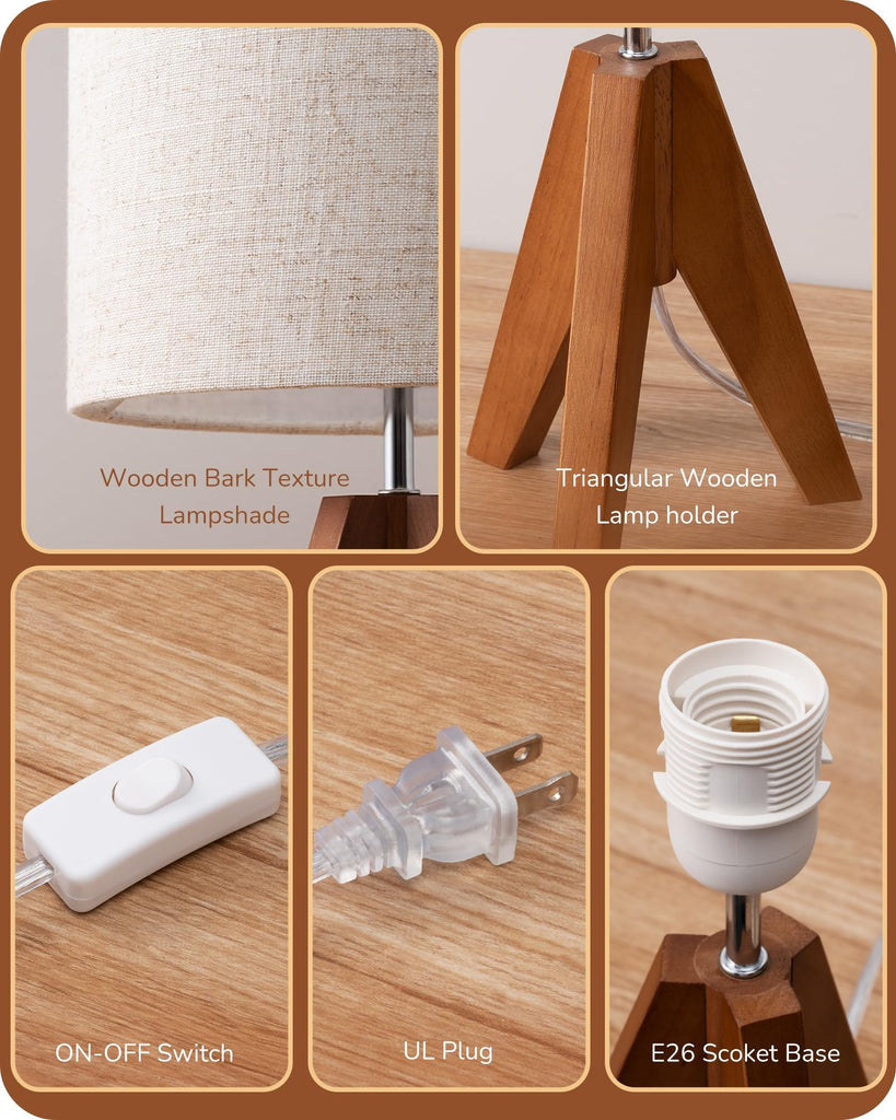 Small Table Lamp, Wooden Tripod Nightstand Lamp, 14.2", 2 Pack
