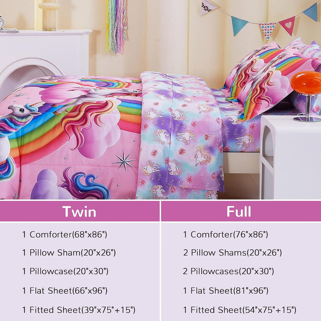 Kids Full Bedding Sets for Girls, Soft Full Comforter Set with Sheets, 7 Pieces Microfiber Bed in a Bag, White