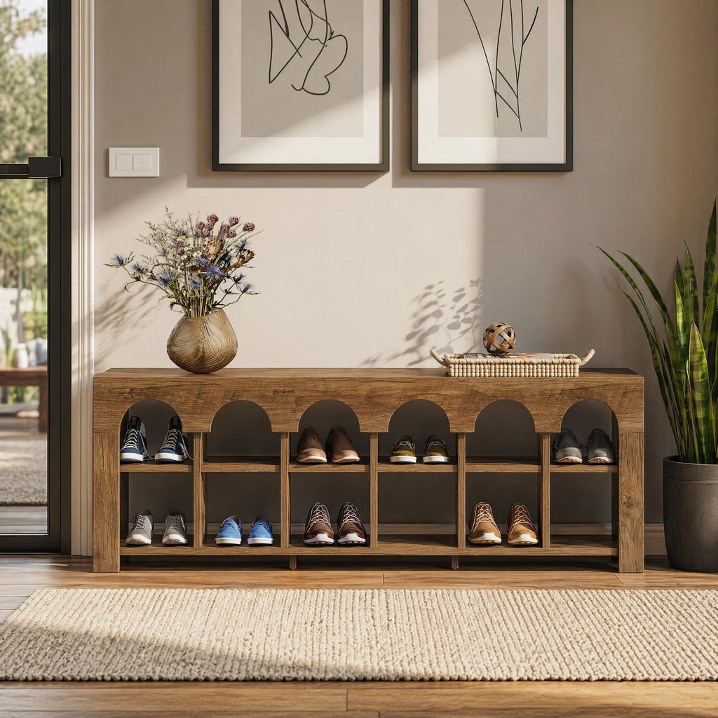 63" Entryway Bench with Shoe Storage, Farmhouse Bench with 12 Cubbies