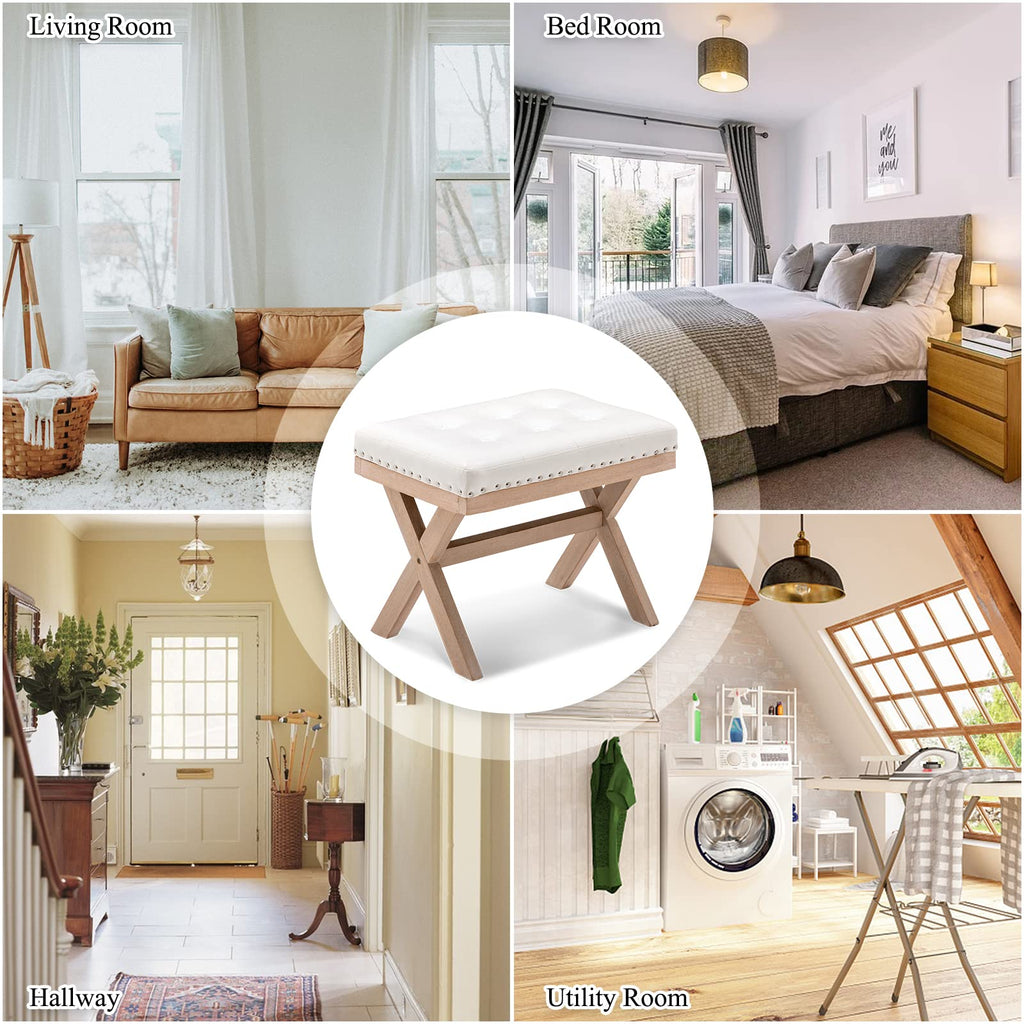 Bench Ottoman Faux Leather Upholstered Entryway Bedroom Bench Footstool Seat with X-Shaped Wooden Legs Bedroom Living