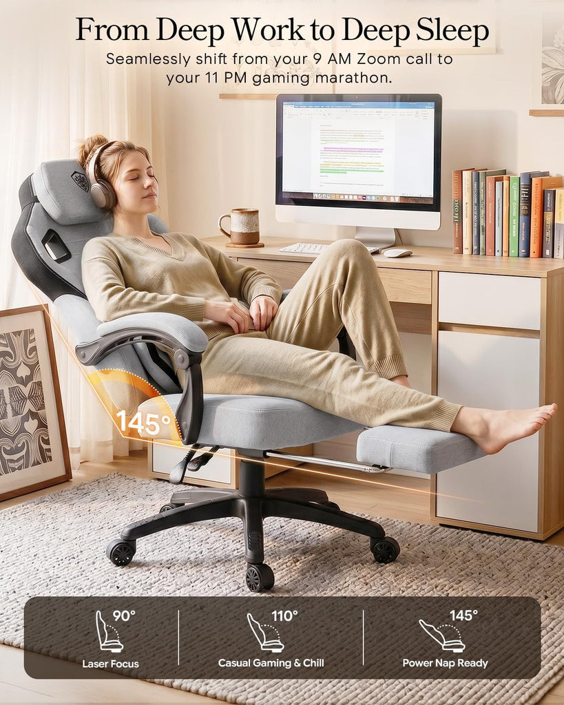 Big and Tall Gaming Chair with Footrest, Gray | Breathable woven fabric with lumbar support and extra-wide seat back;