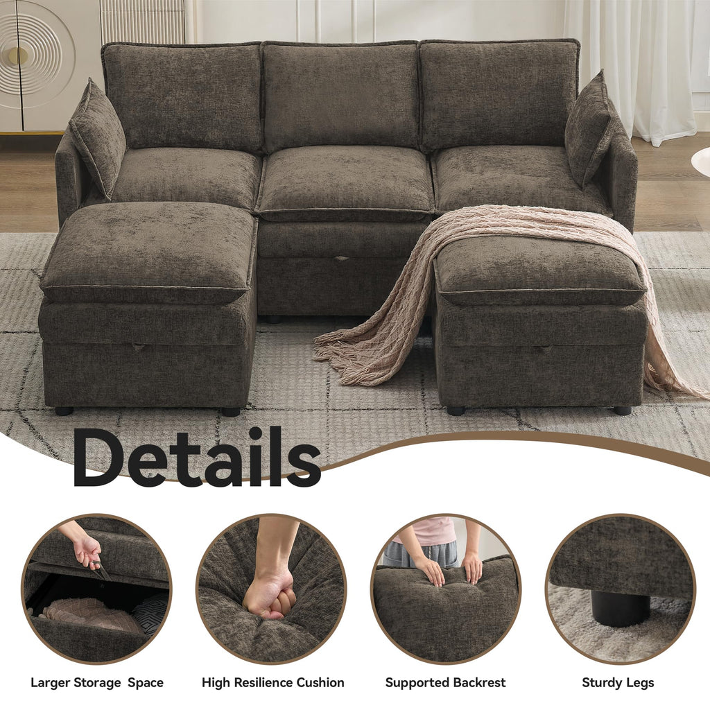 80" Cloud Modular 3 Seater Sofa with 2 Storage Ottoman, Modern Upholstered Storage Sofa Couch Deep Seat, U Shape